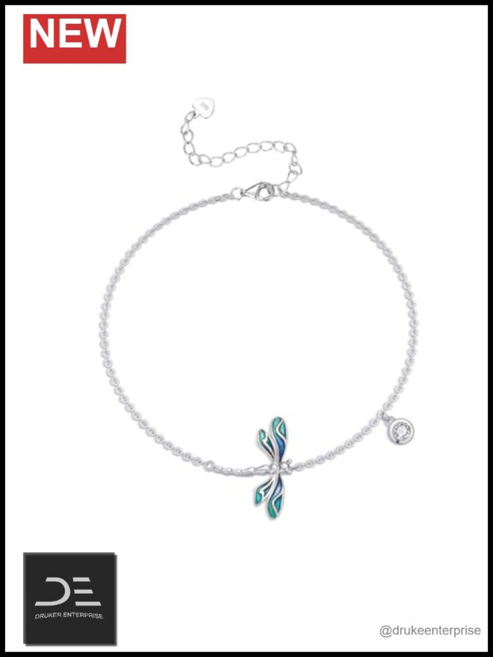 Sterling Silver Lab Grown Diamond Dragonfly Bracelet Adjustable Link Gift